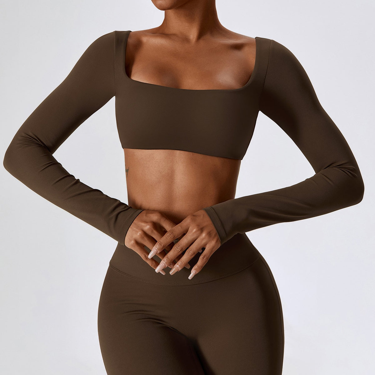 Cloud Soft Square Neck Long Sleeve Crop Yoga Top - Chocolate