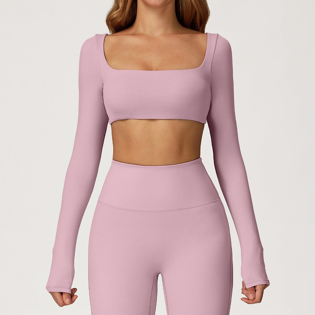 Cloud Soft Square Neck Long Sleeve Crop Yoga Top - Mauve Pink