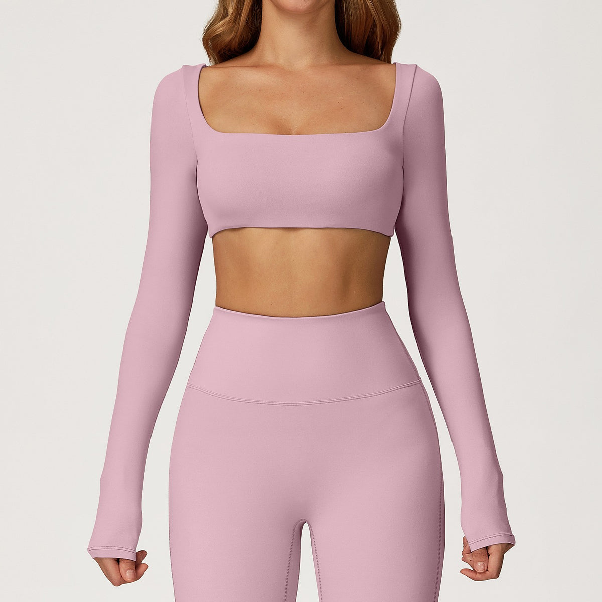 Cloud Soft Square Neck Long Sleeve Crop Yoga Top - Mauve Pink
