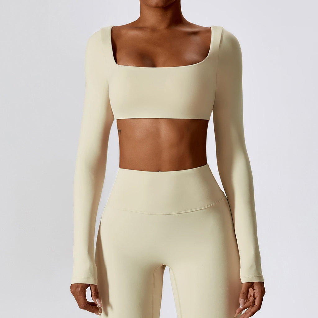 Cloud Soft Square Neck Long Sleeve Crop Yoga Top - Oat