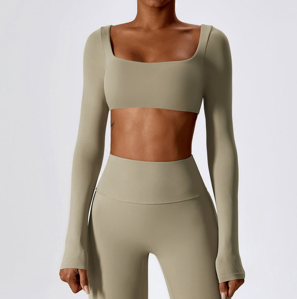 Cloud Soft Square Neck Long Sleeve Crop Yoga Top - Taupe