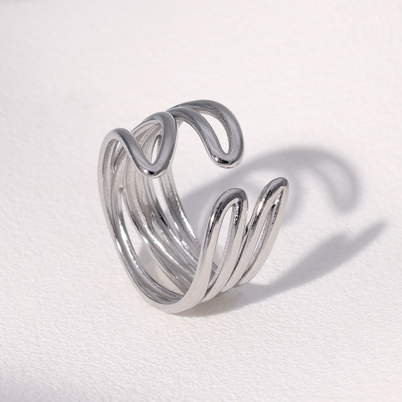 Wavy Stacked Lines Open Statement Ring - Steel