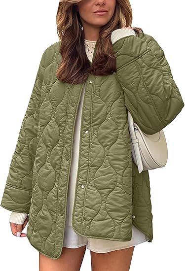 Oversized Quilted Collarless Snap Jacket - ArmyGreen