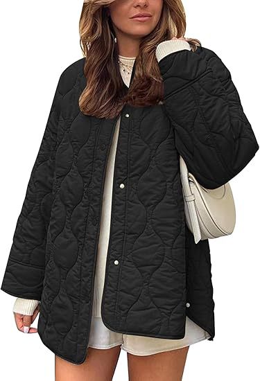 Oversized Quilted Collarless Snap Jacket - Black