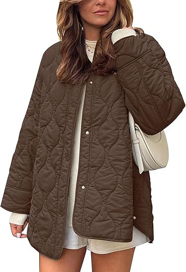 Oversized Quilted Collarless Snap Jacket - Coffee