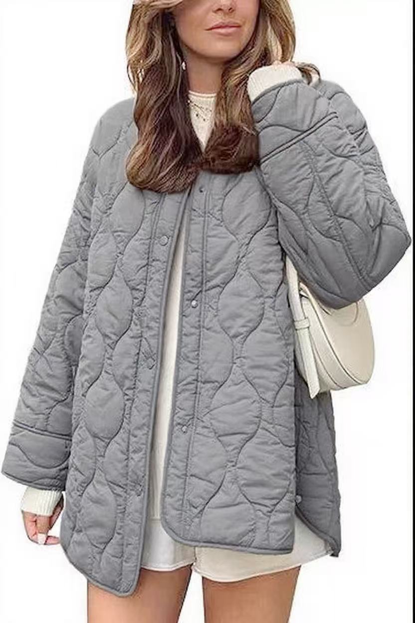 Oversized Quilted Collarless Snap Jacket - Gray