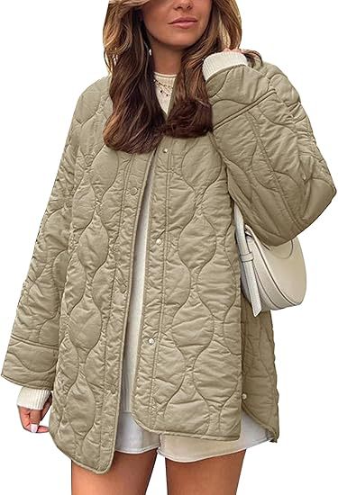 Oversized Quilted Collarless Snap Jacket - Khaki