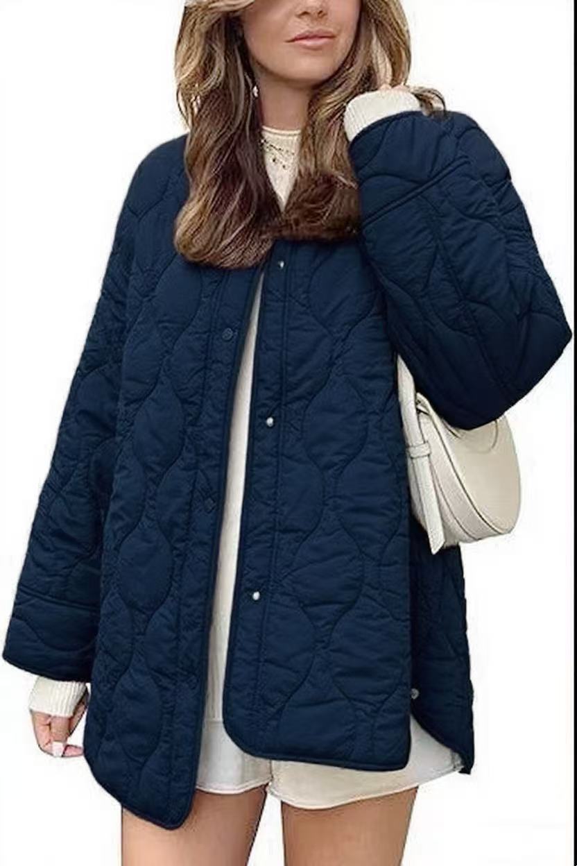 Oversized Quilted Collarless Snap Jacket - Navy