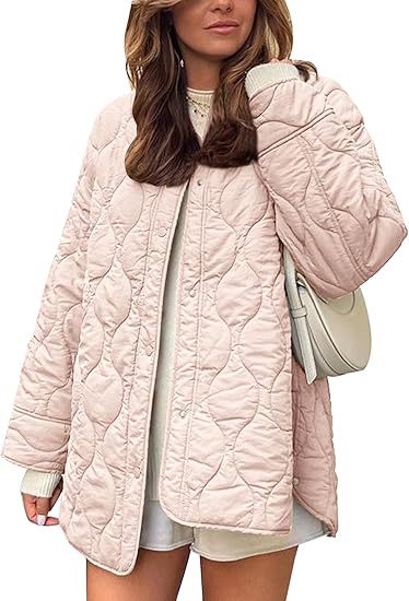 Oversized Quilted Collarless Snap Jacket - Pink