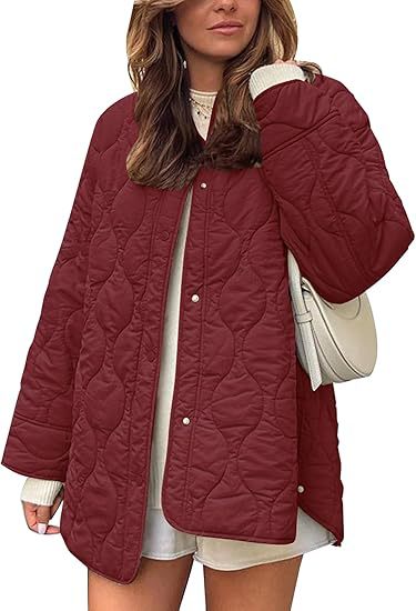Oversized Quilted Collarless Snap Jacket - WineRed