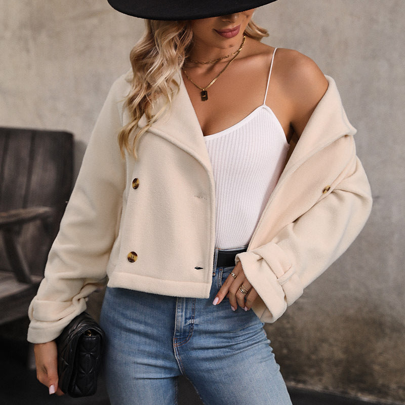 Double Breasted Cropped Lapel Brushed Jacket - Apricot - 2