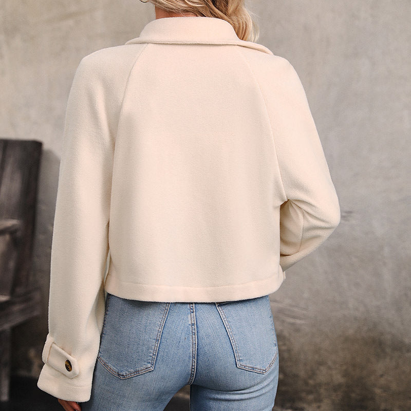 Double Breasted Cropped Lapel Brushed Jacket - Apricot - 3