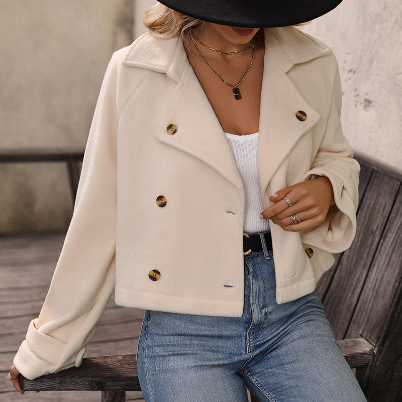 Double Breasted Cropped Lapel Brushed Jacket - Apricot - 4