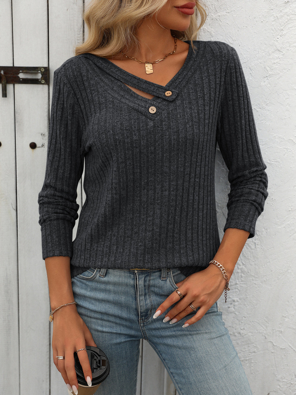 Asymmetric Cutout Button Ribbed Knit Top - Black