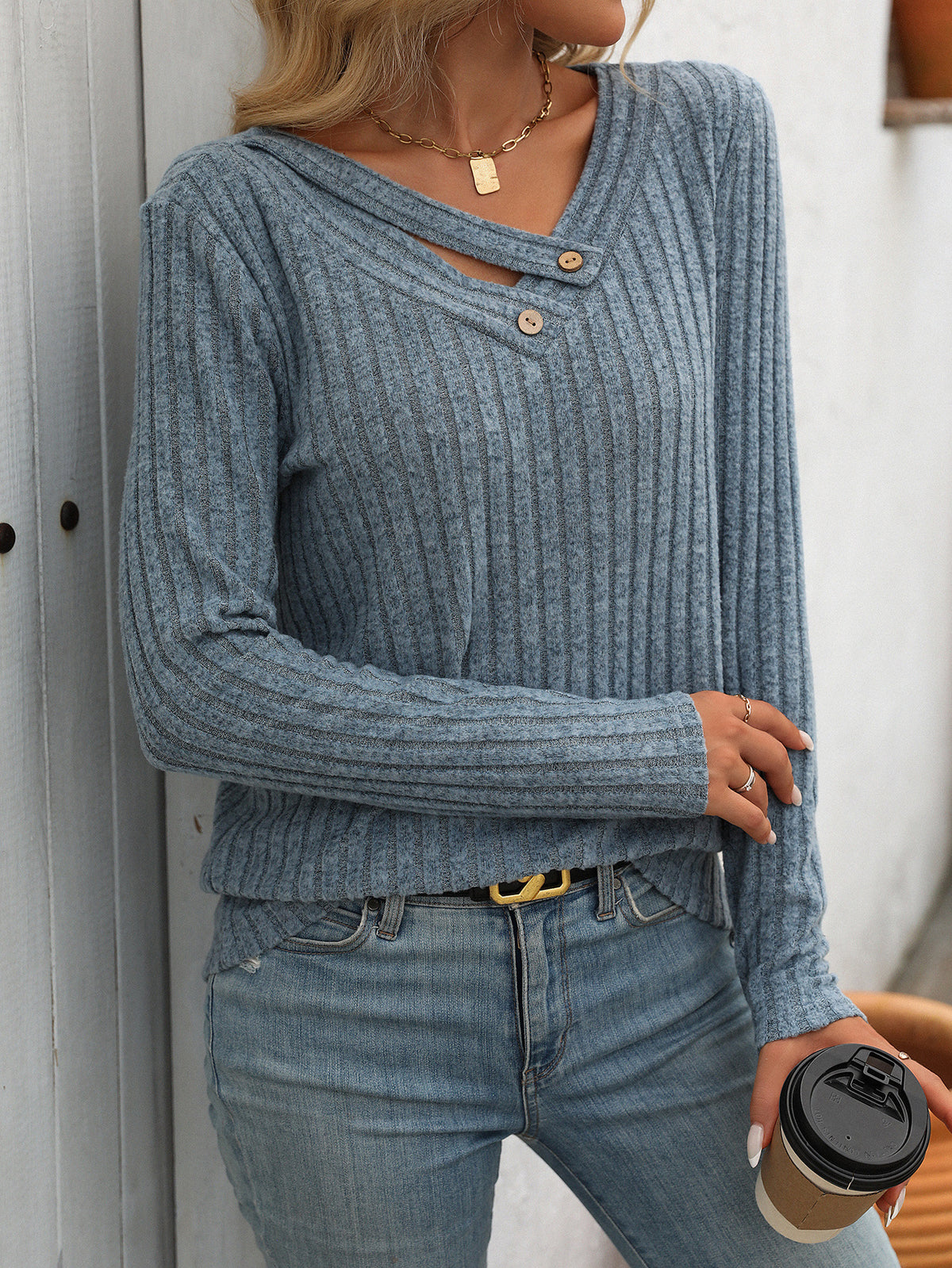 Asymmetric Cutout Button Ribbed Knit Top - Blue