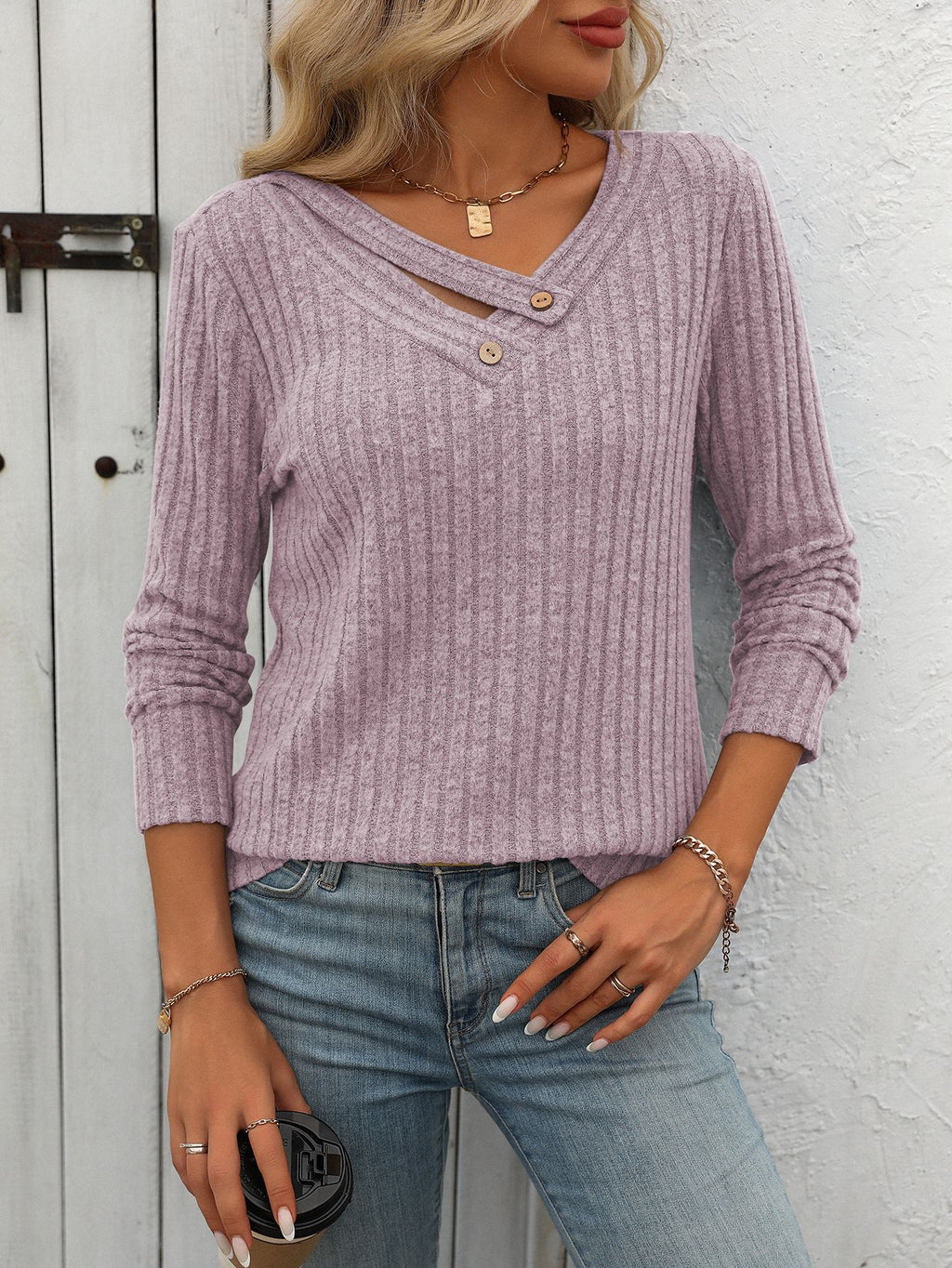 Asymmetric Cutout Button Ribbed Knit Top - Purple - 1