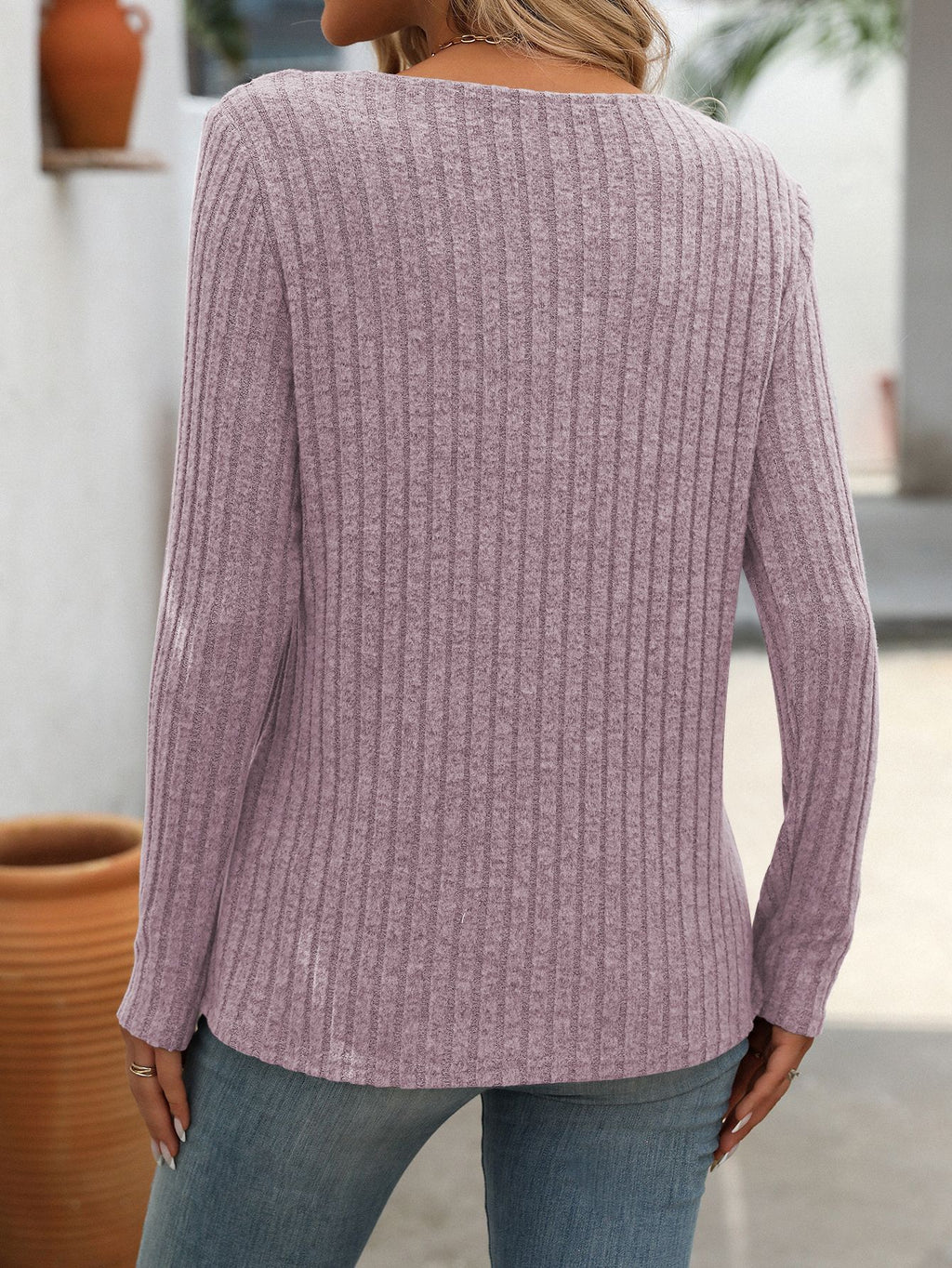 Asymmetric Cutout Button Ribbed Knit Top - Purple - 2
