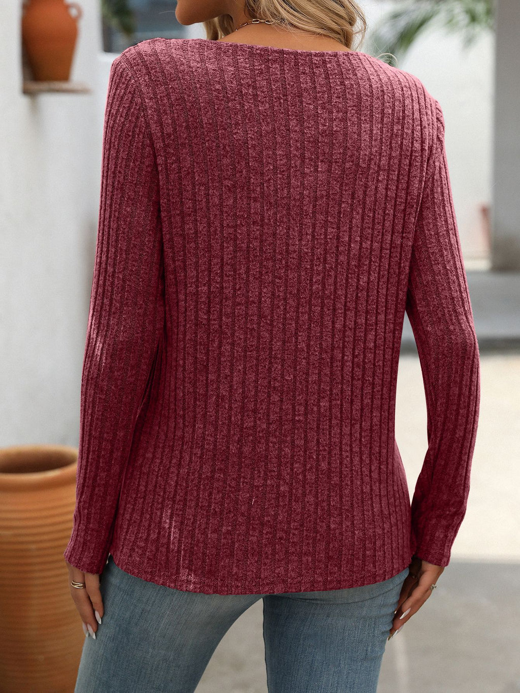 Asymmetric Cutout Button Ribbed Knit Top - Winered - 1