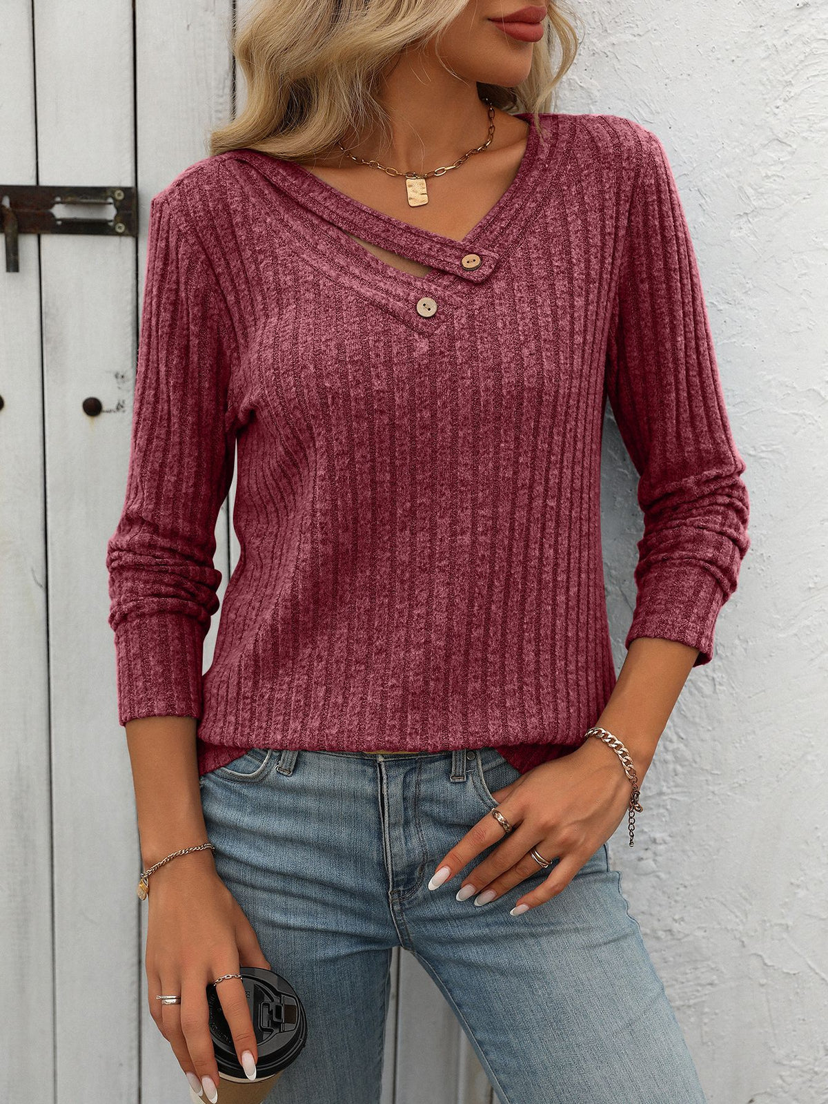 Asymmetric Cutout Button Ribbed Knit Top