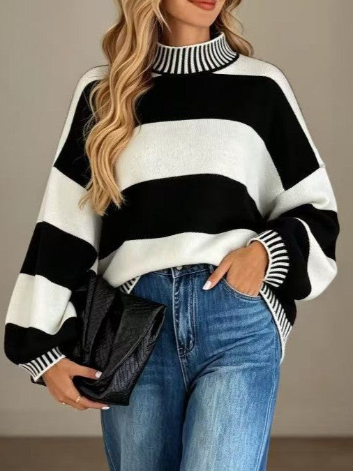 Wide Stripe Oversized Mock Neck Knit Sweater - Black - 1