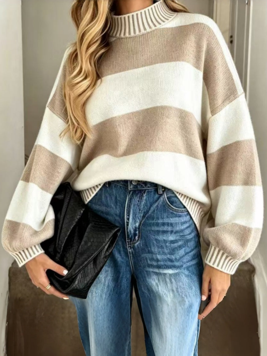 Wide Stripe Oversized Mock Neck Knit Sweater - Khaki