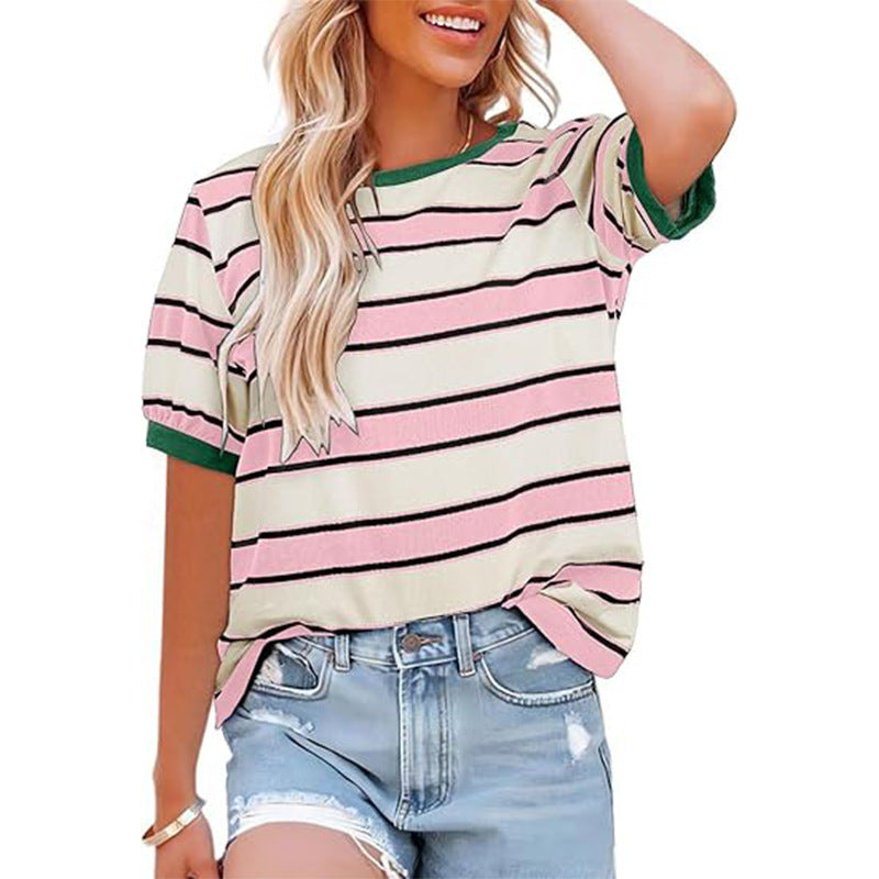 Striped Short Sleeve Contrast Trim Tee - Pink