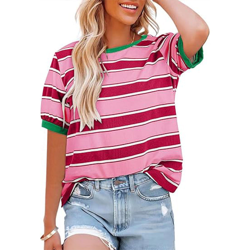 Striped Short Sleeve Contrast Trim Tee - Rose