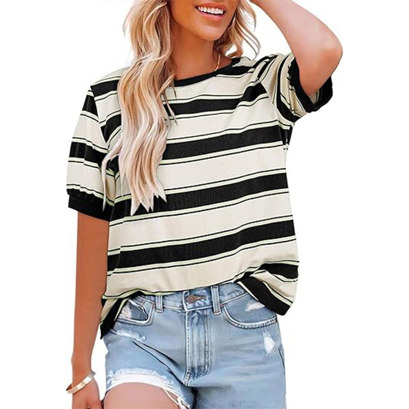 Striped Short Sleeve Contrast Trim Tee - black