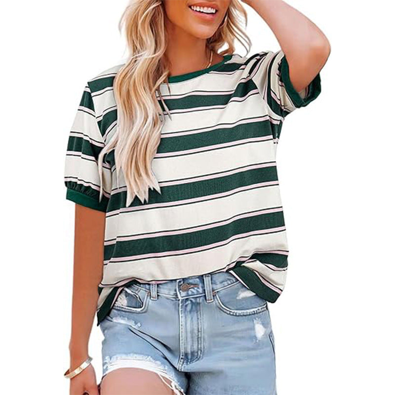 Striped Short Sleeve Contrast Trim Tee - green