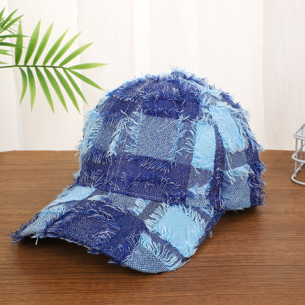 Vintage-Boho Plaid Patchwork Denim Baseball Cap - Blue