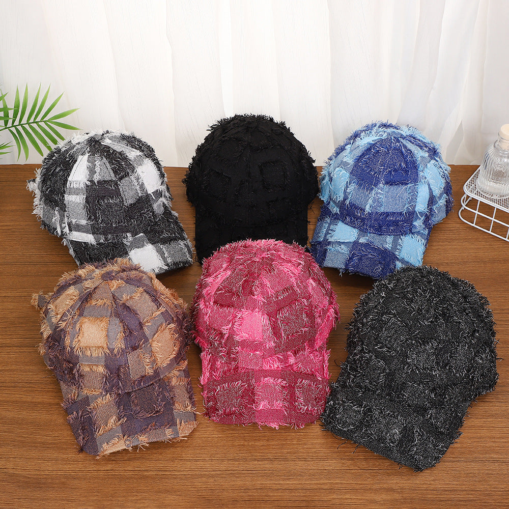 Vintage-Boho Plaid Patchwork Denim Baseball Cap - Blue - 2
