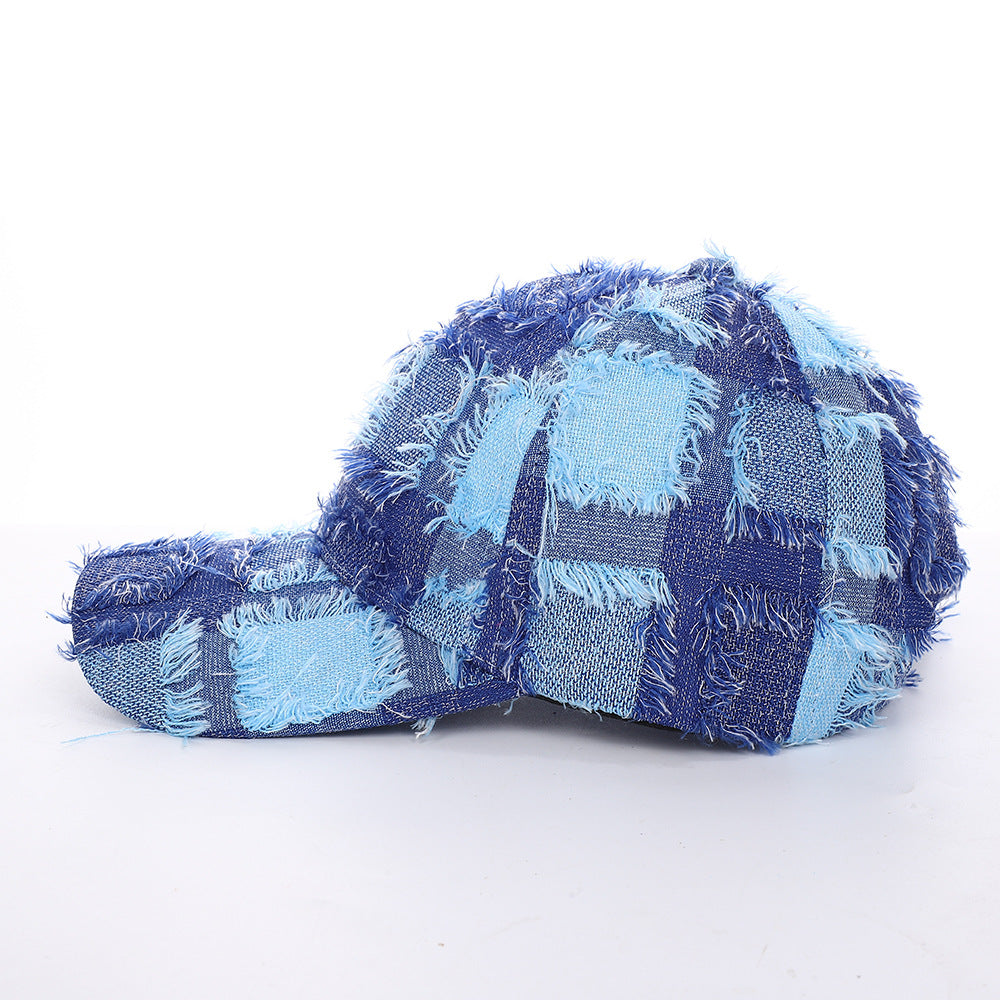 Vintage-Boho Plaid Patchwork Denim Baseball Cap - Blue - 3