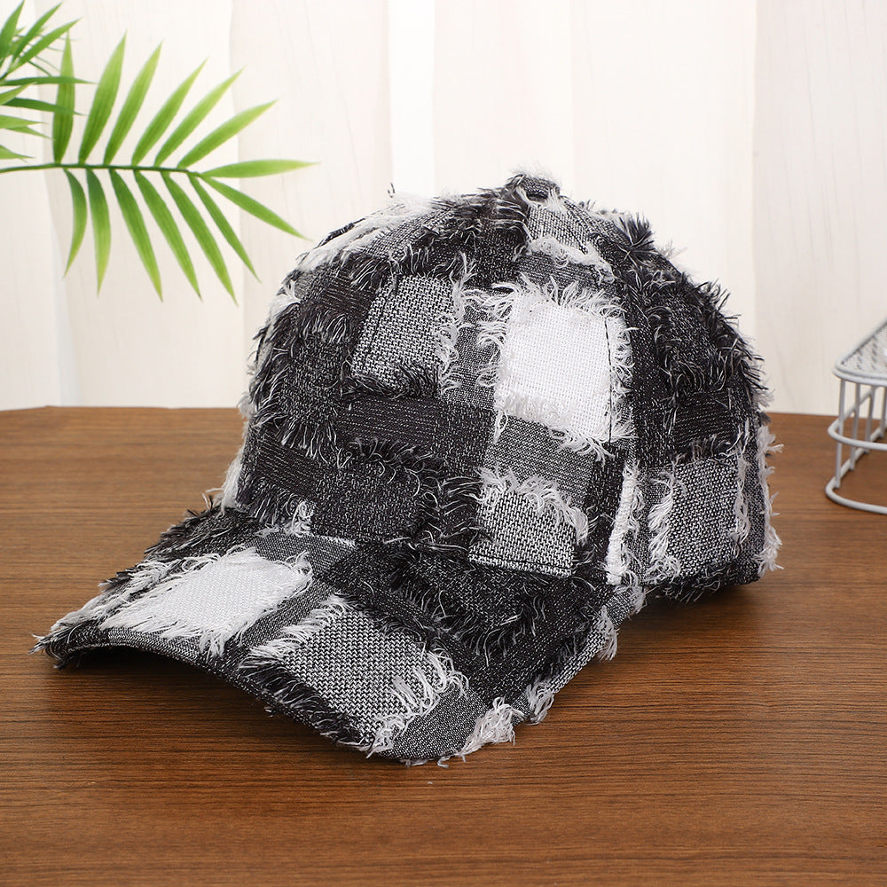 Vintage-Boho Plaid Patchwork Denim Baseball Cap - Grey