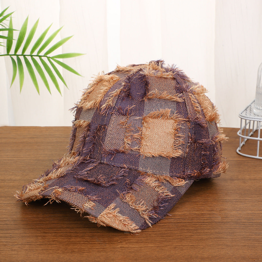 Vintage-Boho Plaid Patchwork Denim Baseball Cap - Khaki