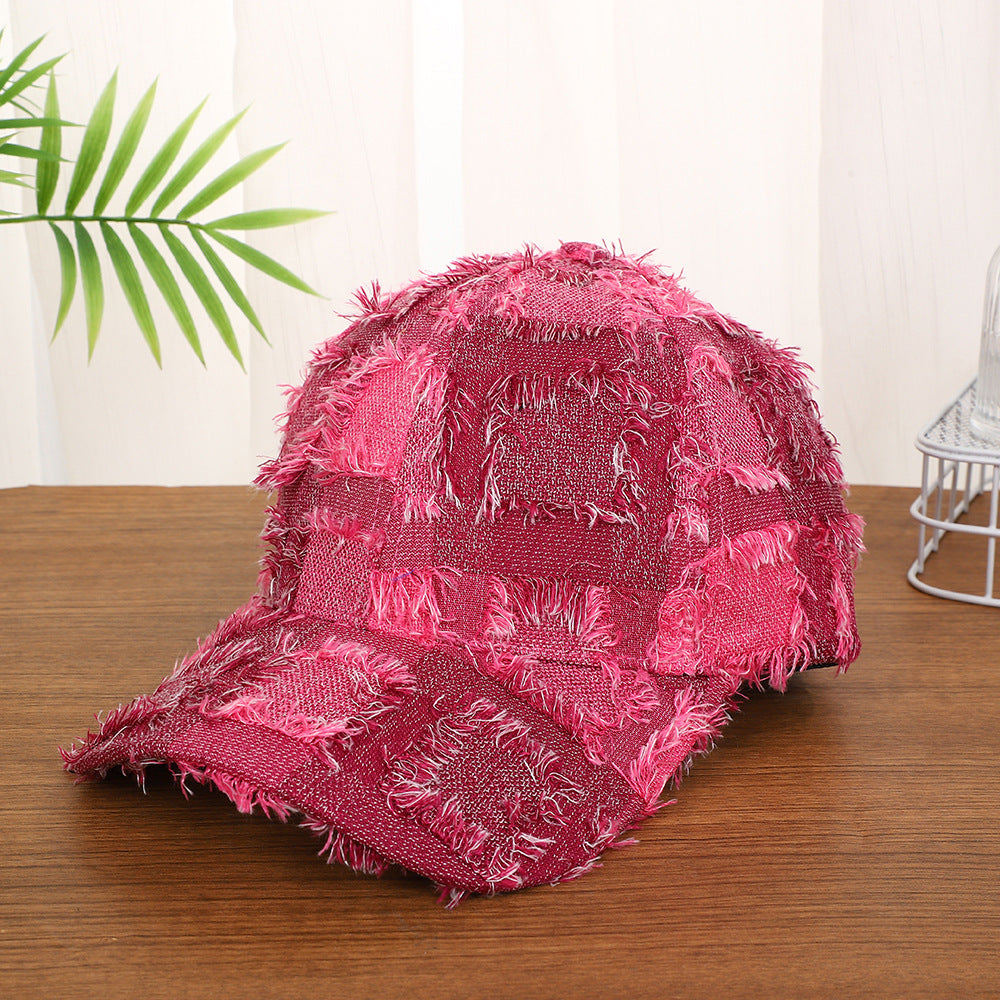 Vintage-Boho Plaid Patchwork Denim Baseball Cap - Pink