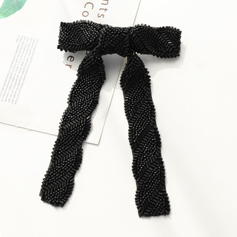 Beaded Long Tail Bow Hair Barrette - Blackbead02