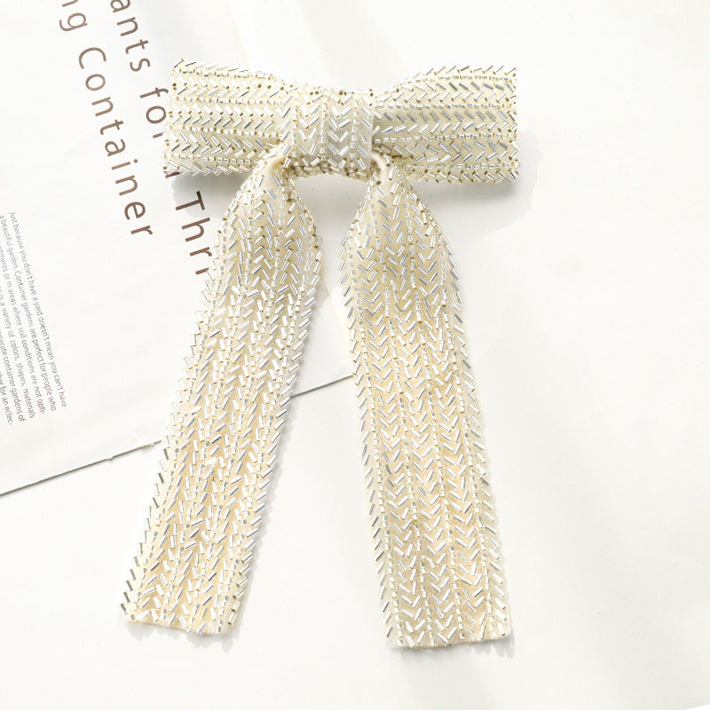 Beaded Long Tail Bow Hair Barrette - Whitebead01
