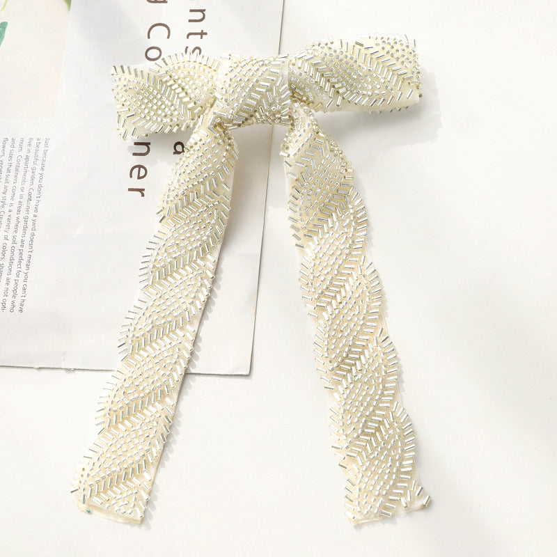 Beaded Long Tail Bow Hair Barrette - Whitebead02