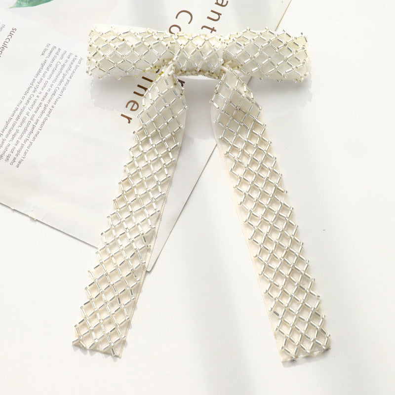 Beaded Long Tail Bow Hair Barrette - Whitebead03