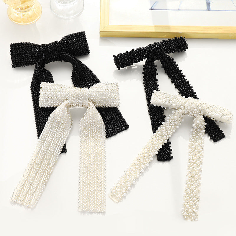 Beaded Long Tail Bow Hair Barrette