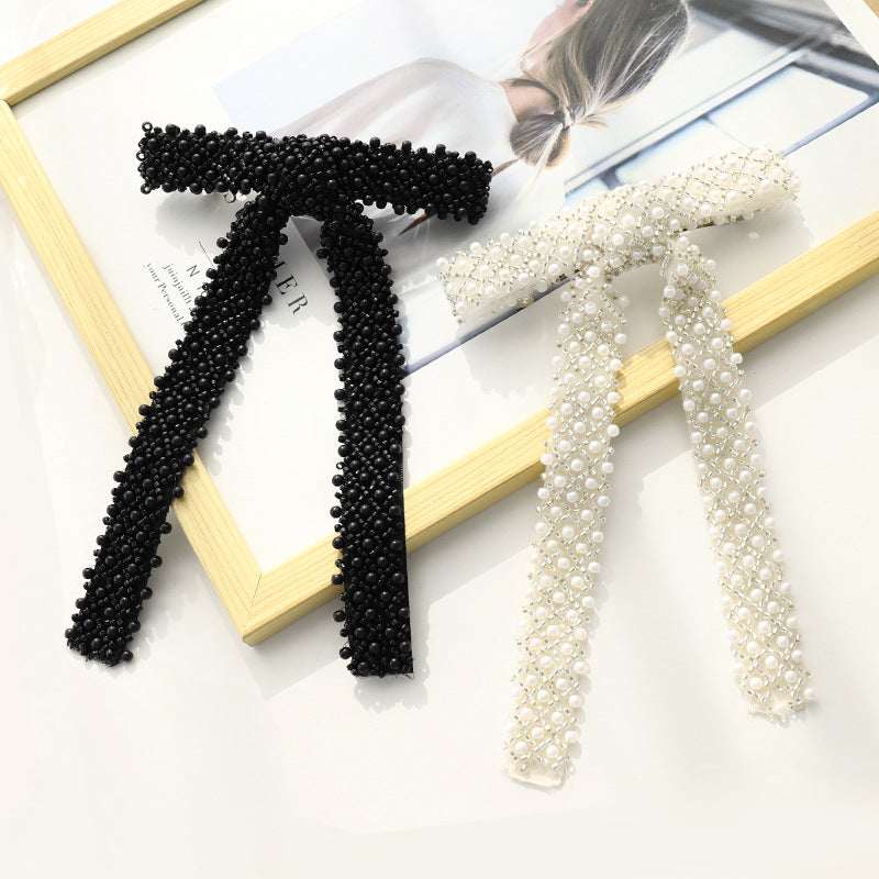 Beaded Long Tail Bow Hair Barrette - view 1