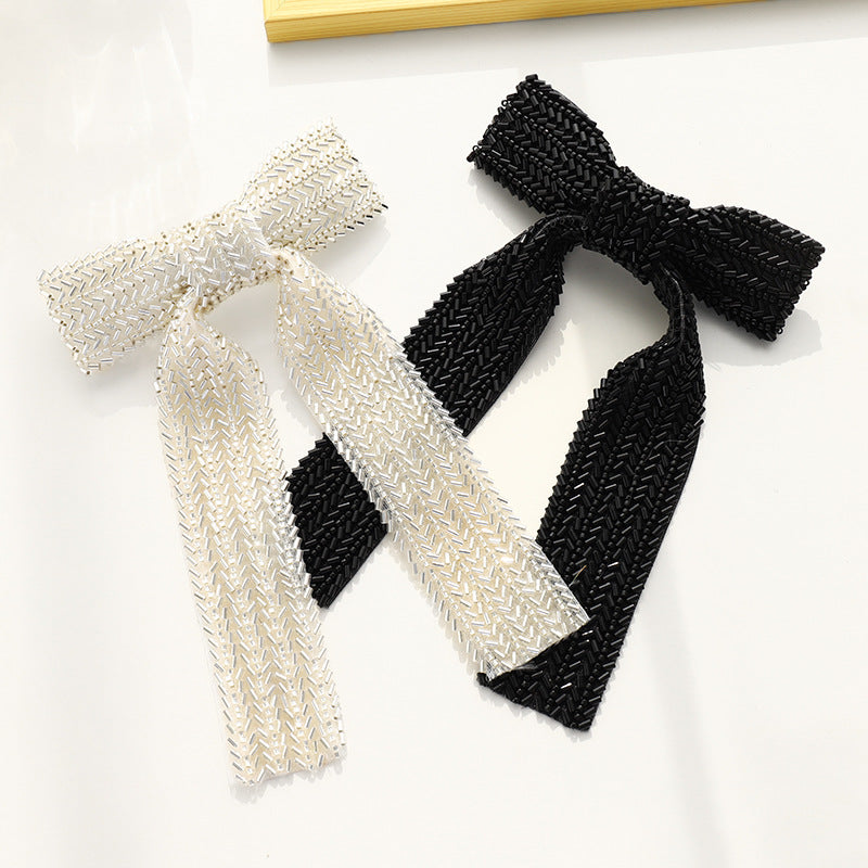 Beaded Long Tail Bow Hair Barrette - view 2
