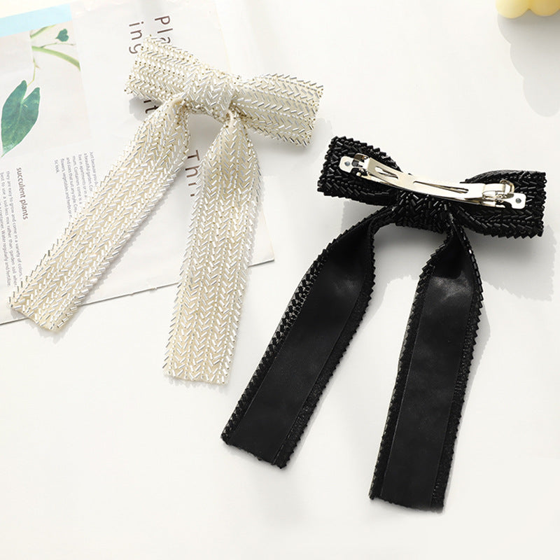Beaded Long Tail Bow Hair Barrette - view 3