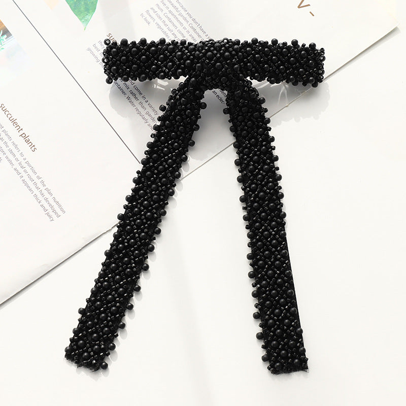 Beaded Long Tail Bow Hair Barrette - pearlBlack01