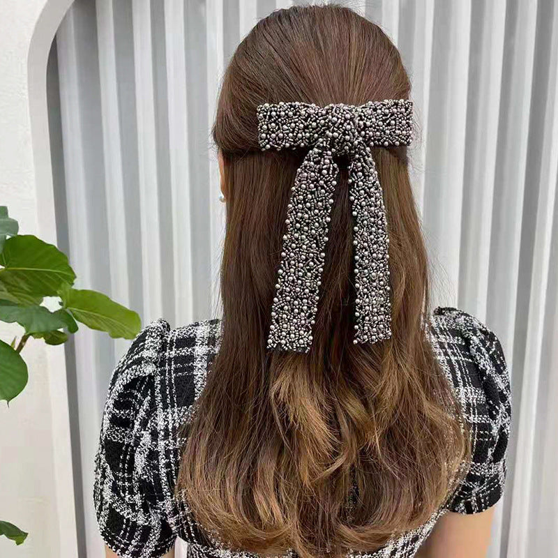 Beaded Long Tail Bow Hair Barrette - pearlBlack02