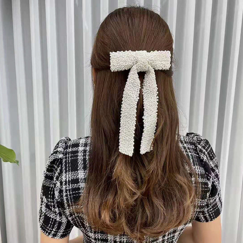 Beaded Long Tail Bow Hair Barrette - pearlbeige02