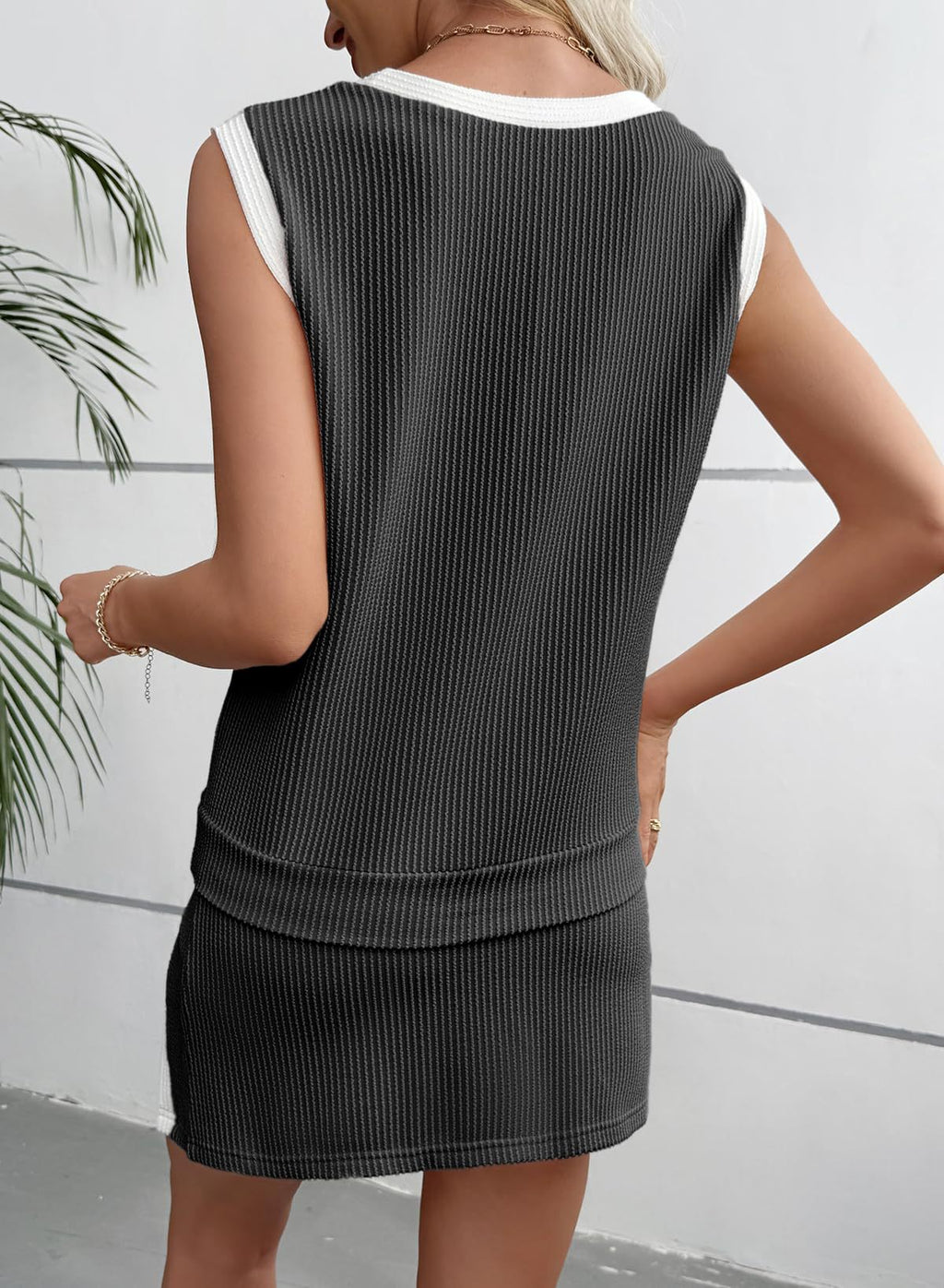 Contrast Trim Ribbed Tank And Skort Set - Black - 3