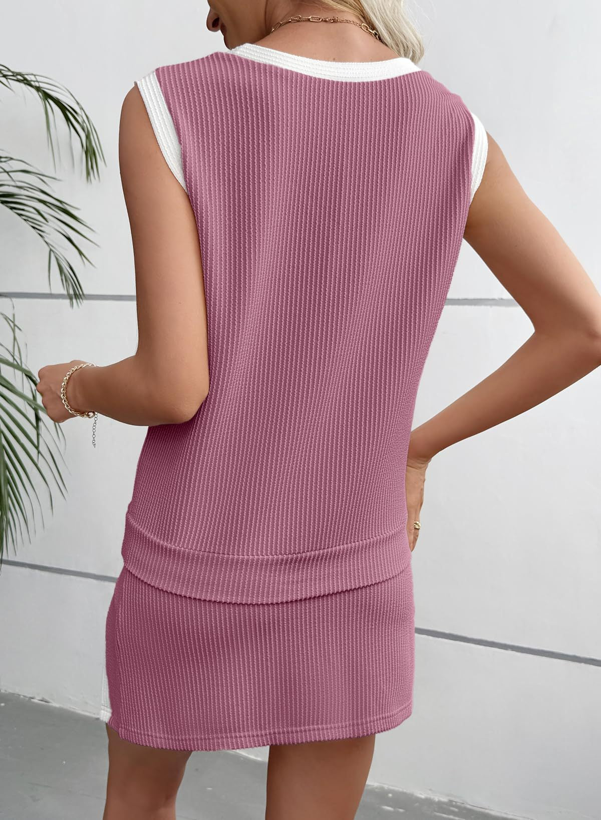 Contrast Trim Ribbed Tank And Skort Set - Purple - 2