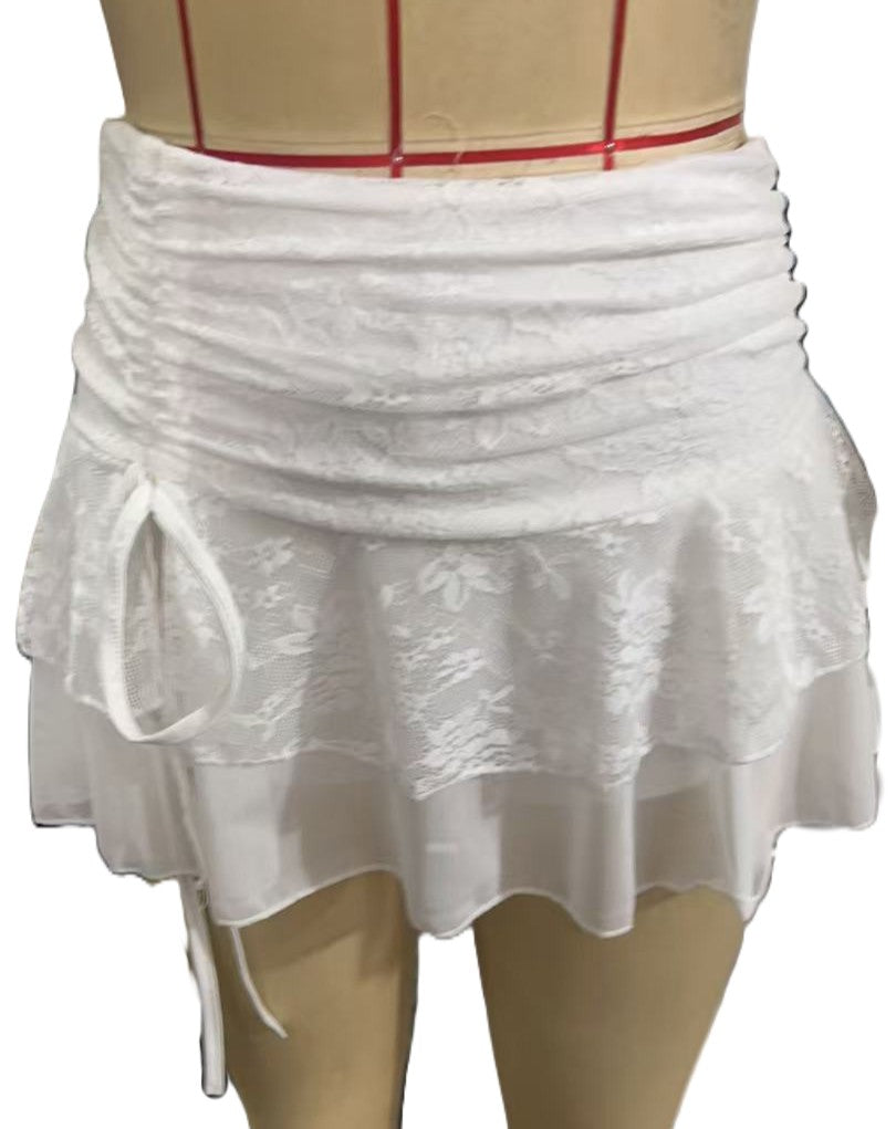 Ruched Waist Tiered Lace Mini Skirt - White - 1