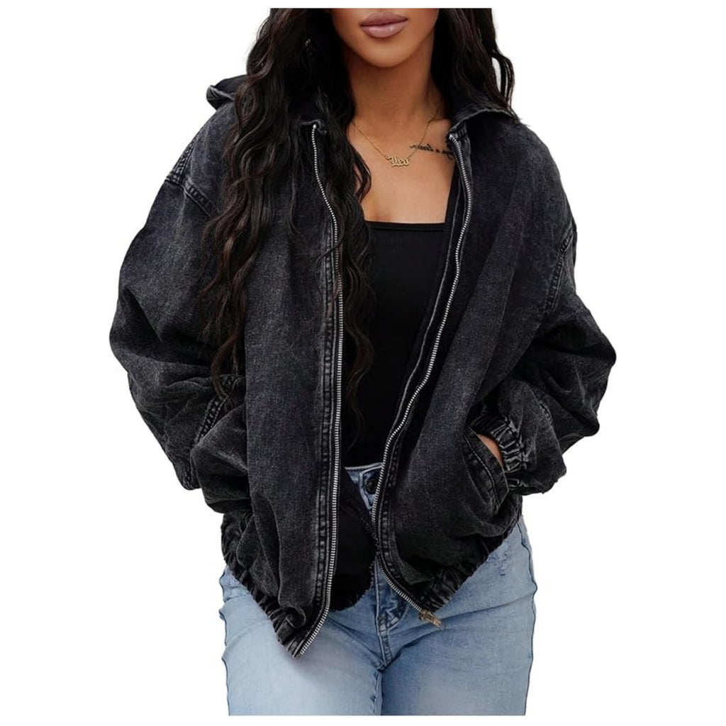 Acid Wash Hooded Oversized Denim Jacket - Black